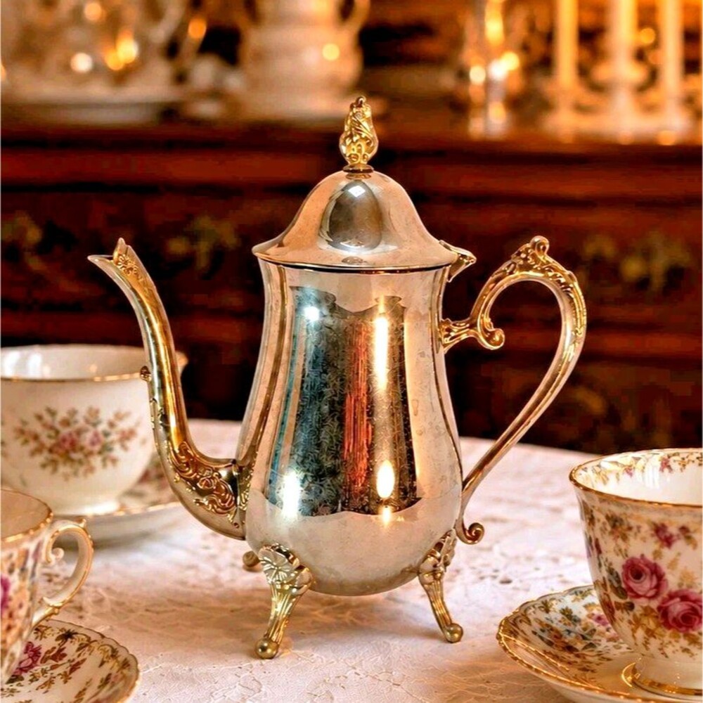 Antique Silver Plate Teapot 10", Ornate Floral Victorian Style, Hinged Lid, Feet